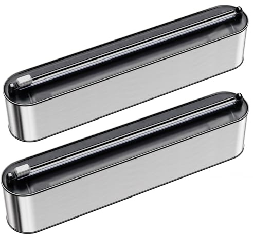 Quasziwa Frischhaltefolienspender Edelstahl-Optik - Magnetisch & Wandmontage, Verbessert Folienspender Schublade - Saubere Schnitte, Folienschneider für Frischhaltefolie & Alufolie - 2er-Pack, Silber