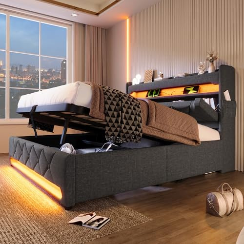 ZIDEY Polsterbett Doppelbett 180x200, Stauraum Kopfteil mit USB, LED, Hydraulisch Bettrahmen mit Lattenrost, Stauraumbett, Bettgestell, Grau, Leinen, Ohne Matratze