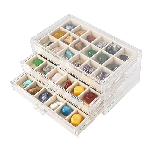 Dmnnlp Sammelbox Für Mineralien Und Steine, 3 Etagen 54 Fächer Rock Gemstone Collection Box, für Gemstone Mineralien Fossil Kristalle Kleine Sammlerstücke Edelsteine(Beige3)