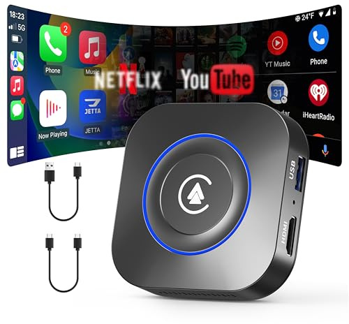 Magic Box Adattatore wireless CarPlay, 2026 AI Box Android Auto supporta video Strea-ming per TikTok/YouTube, USB per media offline, adattatore per auto con mirroring dello schermo per auto cablata di