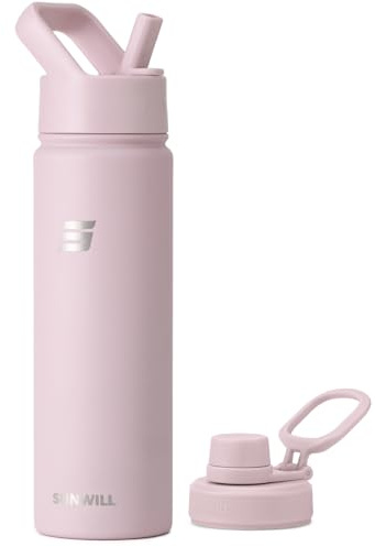 SUNWILL Metal Water Bottle with Straw Stainless Steel, 650ml Insulated Leakproof Thermal Flask for Cold and Hot Drink, Travel, Sports, Gym, Dusty Rose