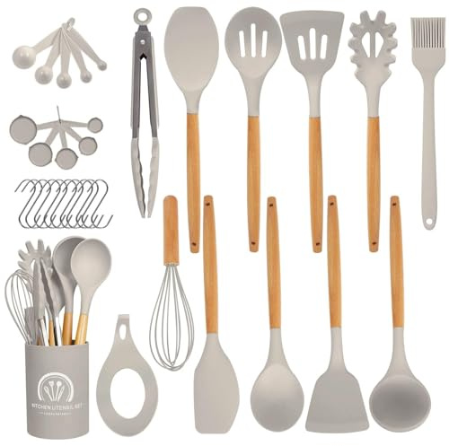 Omtofo 33 Stück Küchenhelfer Set, Silikon Küchenutensilien Set, Antihaft Hitzebeständiger Holzgriff Kochbesteck mit Utensilienhalter, BPA-frei Lebensmittelecht Küchenset, Khaki