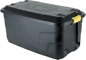 MaryMo Strata Heavy Duty Large Storage Box with Lid, 110L, Lockable, Indoor/Outdoor, Wheeled, Black with Yellow Handles