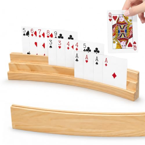 Jerhyun 2 pezzi Porta Carte da Gioco in Legno 33cm, Reggi Carte da Gioco, Playing Cards Holders Mani Libere, Adatto per Adulti e Anziani (Giallo, 3 ripiani)