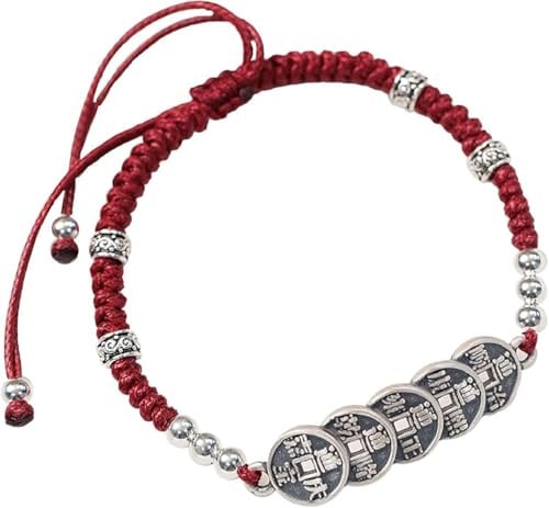 YNIYUJKL Silbernes Fünf-Kaiser-Münzen-Feng-Shui-Armband, Chinesisches Rotes Kordelarmband, Antikes Silber, Glücks- Und Wohlstandsamulett