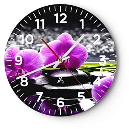 Modern Wanduhr Orchidee Natur Wasser Blume 30x30cm Rund Klein Wand Uhr Glas Analog Zimmeruhren Küche Büro Wohnzimmer Glasuhr Wall Clock Dekoration Design Wanddekoration Küchenuhr C4AR30x30-2658