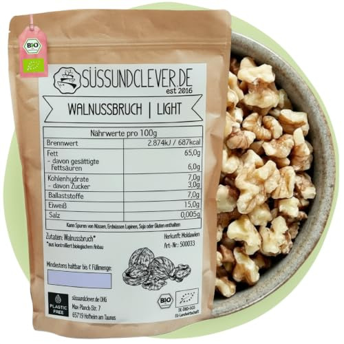 süssundclever.de® | Bio Walnusskerne | 5,0 kg (5 x 1,0 kg) | Walnussbruch | helle Kerne | unbehandelt und 100% natürlich | plastikfrei und ökologisch-nachhaltig abgepackt