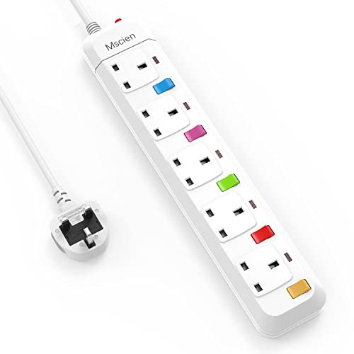 Mscien Multi Scokets Extension Lead Individually Switched 5 Way Surge Protected Power Strip Wall Mountable Extension Cord 1.8M ¡(Including Main Product)