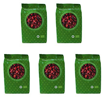 Mundo Feliz - Arándanos rojos ecológicos deshidratados, 5 bolsas de 100 g