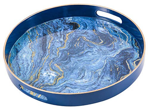 Zosenley Rundes dekoratives Tablett, Marmoriertablett aus Kunststoff mit Griffen, modernes Schminktablett und Serviertablett für Ottomane, Couchtisch, Küche und Bad, Größe 33 cm, Blau