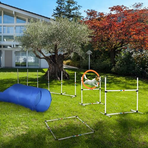 PawHut Dog Agility Equipment Training Set Carry Bag Adjustable (Pole + Hoop + Hurdle+Tunnel + Pause Box)