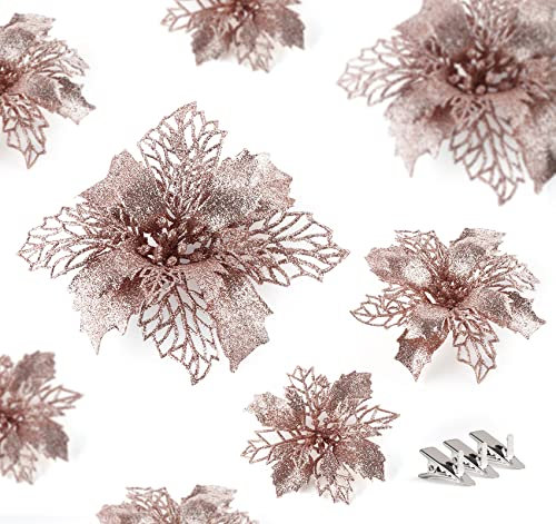 Agoer 24 Stücke Funkeln Weihnachtsstern Blumen, Weihnachten Blumen Dekoration Hochzeit Weihnachtsbaum Neujahr Ornamente mit 20 Haken, Champagner 3 verschiedenen Größen