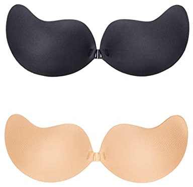 Push Up BH 2 Stück - Selbstklebend, Rückfrei, Unsichtbar, Ohne Träger für Badeanzug, Kleid, Hochzeitskleid - Schwarz & Nude