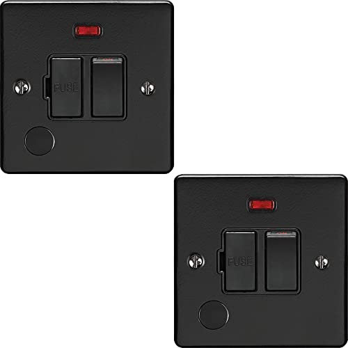 2 PACK | 13A DP Switched Fuse Spur & Flex Outlet -MATT BLACK & Black Trim- 240V Mains Isolation - Decorative Kitchen/Interior Wall Face Plate – Oven/Cooker/Hob Appliance On/Off Switch