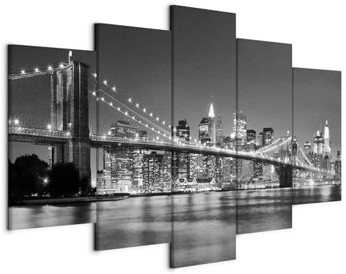 murando - Wandbilder XXL New York City 150x75 cm 5 tlg Wand Deko Leinwand Bilder Groß Wanddeko Wohnzimmer Bild Schlafzimmer Kunstdrucke - Skyline Brooklyn Bridge Stadt Nacht Manhattan Grau 030211-51