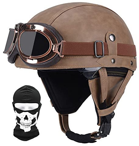 Retro Moto Casco Mezzo, Vintage Motorcycle Casco, Certificazione DOT/ECE, Occhiali Da Sole Incorporati, Con Passamontagna Maschera, Materiale ABS, Fodera Traspirante, Con Occhiali