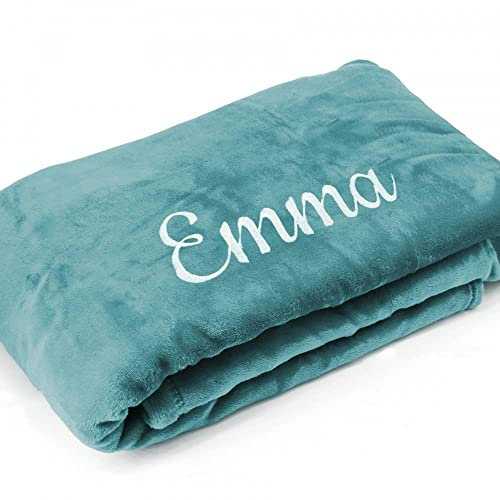 Kuscheldecke XXL mit Namen oder Wunschtext Bestickt - extra große 240x220 cm gemütliche Sofadecke Wohndecke, weiches Fleece, personalisiertes Geschenk für Männer und Frauen - Petrol