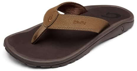 OLUKAI Ohana Men's Beach Sandals, Water Resistant Flip Flops, Arch Support & Comfort Fit, Lightweight & Durable, Enhanced Grip & Traction, Tan/Dark Java, 11