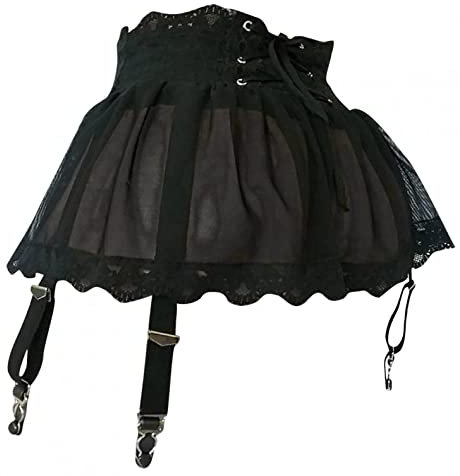 ROSVAJFY Femme Mini-Jupe Sexy Taille Haute Porte-Jarretelles avec 4 Clips Métalliques pour Bas, Jarretière Réglables Sous-Vêtements Lacets Lingerie Maille Transparente Hot+Culotte String (Noir)