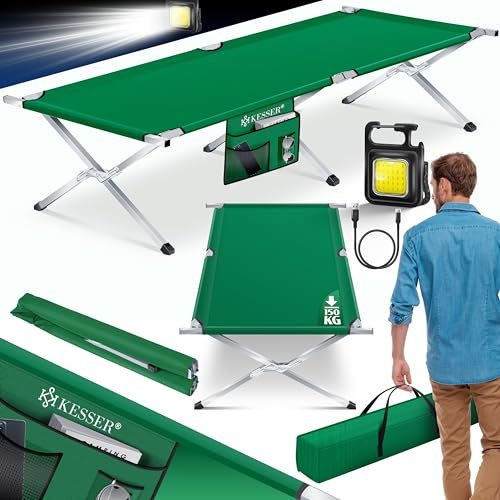 KESSER® Campingbett Klappbett mit Tragetasche, Seitentasche & Campinglicht | Stabiles Feldbett 210x73x45cm bis 150 kg Belastbar Metallrohr | 600D Oxfordgewebe Tragbar Liege Reise Bequem | Grün