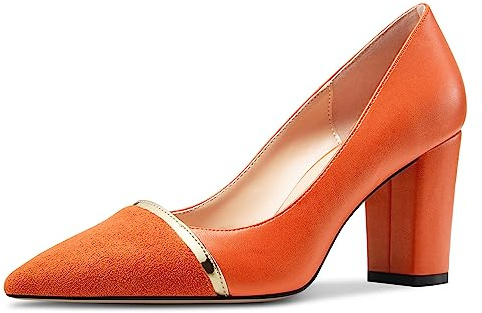 NobleOnly Damen Mittlerem Blockabsatz Absatz Heel Spitze Zehenkappe Slip-on Patchwork Pumps Abschlussball Lässig Party Schuhe 8 cm Heels