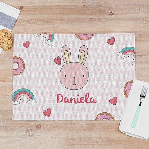 Wanapix | Tischset für Kinder Personalisiert mit Namen | Platzdecke Wachstuch Bedrucken | Wasserdicht | Für die Waschmaschine geeignet | 50x35 cm | Kaninchen