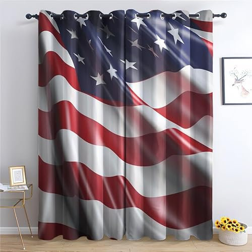 QEODAH Amerikanische Flagge Vorhänge USA Flagge Gardinen mit Ösen, Vorhang Blickdicht, Verdunklungsvorhänge, Schlafzimmer Wohnzimmer & Kinderzimmer Deko, Blackout Curtain 2er Set H 160 x B 140 cm