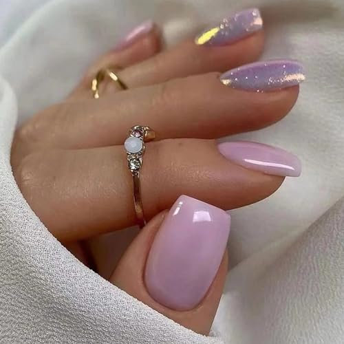 Ceboic 24 Stück Nägel Zum Aufkleben Kurz, Lila Glänzend Französische Kunstnägel Press on Nails mit Nagelkleber Aufkleber, Eckig Acryl Full Cover Künstliche Fingernägel für Frauen und Mädchen