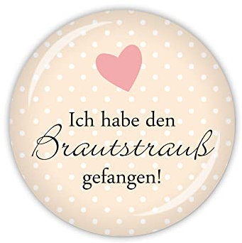 lijelove® I DO Ich habe den Brautstrauß gefangen! mit Herz, apricot - als Button, Magnet, Taschenspiegel oder Flaschenöffner erhältlich (Art. HZ01-18)
