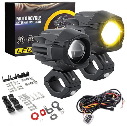 BraveWAY 60W 18000LM Feux Additionnels Moto Phare LED Auxiliaire antibrouillard 7 Modes Stroboscopiques, kit de Faisceau de Câblage Plug and Play et 2 Supports de Montage