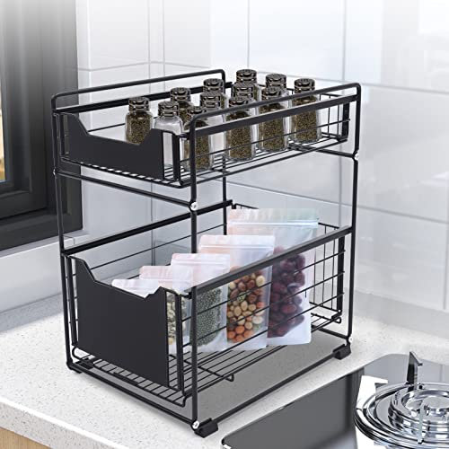 KEESUNG 2 Etagen Teleskop Küchenschublade, Schwarz Teleskop Schublade Kohlenstoffstahl Unter Waschbecken Spülbecken Organizer Regal Ausziehbare Schublade Küchenschublade