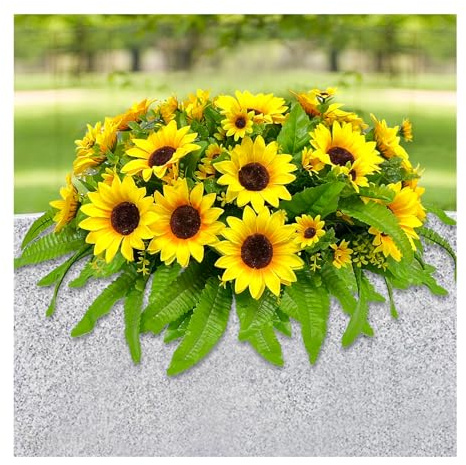 GRPFS Grabstein-Blumensättel, Seide, realistische gelbe Grabblumen für Friedhof, Sonnenblume, Outdoor, Trauer, Gedenktag, Blumenarrangement
