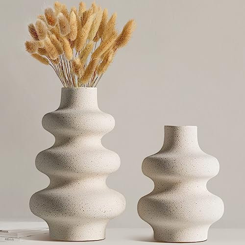 Keramik Vase - 2 Set of beige Runde Vase für Moderne Heimdekoration,Böhmische Deko Vasen,Vase für Bauernhaus Dekoration,Hochzeit Esszimmer Büro Mittelstück Dekoration