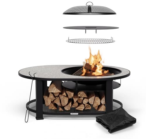 Blumfeldt Merano Circolo L Feuerschale - 3-in-1 Feuerschale mit Grillrost & Tisch, robuster Stahlrahmen, Terrazzo-Tischplatte, inkl. Funkenschutz, Schürhaken & Deckel, für Garten & Terrasse