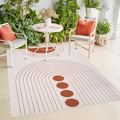 payé In- & Outdoor-Teppich - Rot Creme - 200x290cm - Wendeteppich - Kreis Muster - Wetterbeständig für Balkon Terrasse - Indoor Teppiche Wohnzimmer Küche