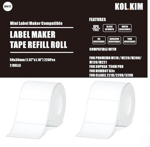 M220 Etiketten, M110 Thermo-Etikettenmacher-Klebeband, Nachfüllpackung, kompatibel mit Phomemo M220, M200, M120, M221, M110, für CLABEL 221B Etikettenmacher, 50 x 30 mm, 220 Stück/Rolle, Weiß, 2
