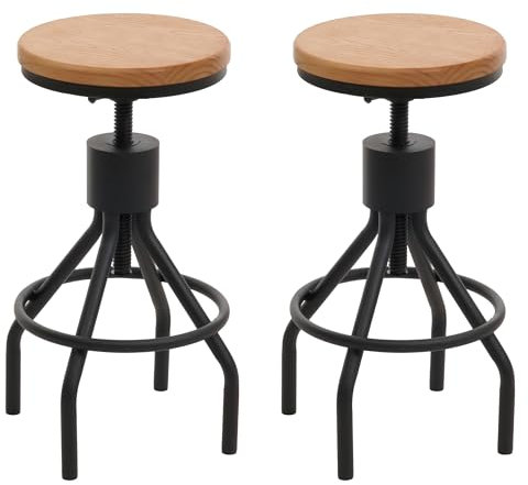 Mendler 2er-Set Barhocker HWC-N17, Barstuhl, höhenverstellbar drehbar Fußablage Industrial Metall Massiv-Holz - Natur
