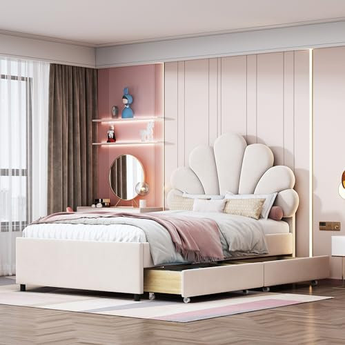 Polsterbett Kinderbett 90x200 cm, Bettrahmen mit geblümtem Kopfteil und Lattenrost, mit 2 Ablagefächern, Mädchenbett-Gästebett aus hautfreundlichem Samtstoff (Beige)
