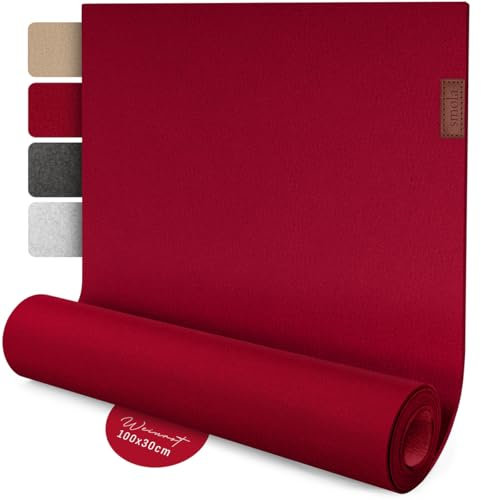 smøla Design Tischläufer Grau aus Filz I 100x30 cm Tischband I Skandinavischer Filzläufer Abwaschbar mit Leder Label I Tischdeko Tischläufer modern Weinrot