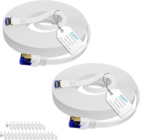 Mygatti Cat7 Câble Ethernet plat 2m+2m-Blanc,câble LAN haut débit, câble Internet 10Gbps 600 MHz avec prise RJ45,POE,FTP,Câble réseau pour routeurs, commutateurs, modems, avec 25 clips de câble