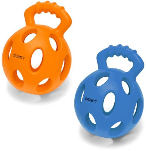 GJZSHTT Durable Dog Puzzle Toy - 2-Pack Interactive Dog Balls with Handle and Holes for Tug of War, Treat Dispensing, Slow Feeder & IQ Training, Rubber Kettlebell Design - 3.94”x5.2” (Blue + Orange)