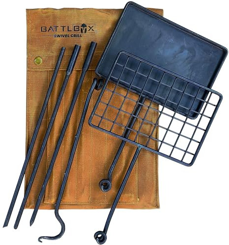 BATTLBOX Bushcraft Grill Set, Steel Campfire Cooking Grate Swivel Grill For Outdoor BBQ Open Fire, Packable Campfire Cook Set, Heavy Duty Campfire Pit Grill, Open Fire Swivel Camping Grill, Canvas Bag