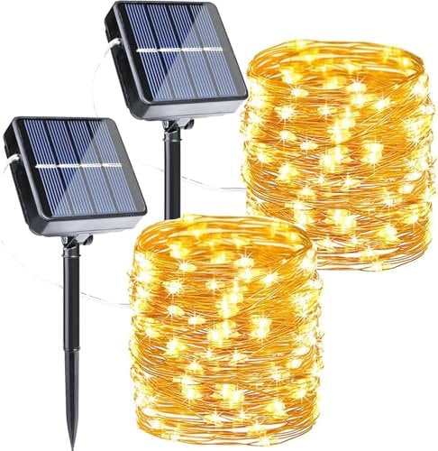 Joomer Luces Solares LED Exterior Jardín, 2 Packs 12M 120LED Guirnaldas Luces Exterior Solar de Alambre de Cobre, 8 Modos Cadena Luces LED Blanco Cálido Impermeable para Interior Fiesta Árbol Boda