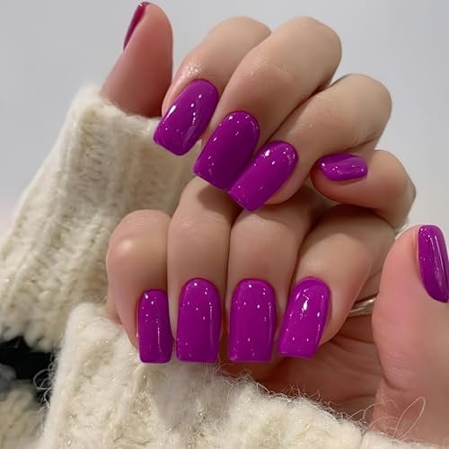 SXVME Berry Purple False Nails Short Medium Square, Gel Press on Nails Coffin Medium Glossy Fake Nails Set Solid Color Acrylic Nail Natural Fit Reusable Stick on Nail for Women Daily Wear, in 24 Pcs