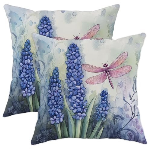 Dragonfly Art Pillow Covers Set of 2, Blue Grape Hyacinth Floral Throw Pillows Case, Spring Decorative Square Garden Decor Cushion Covers for Home Sofa Bed Couch 18x18 Inch