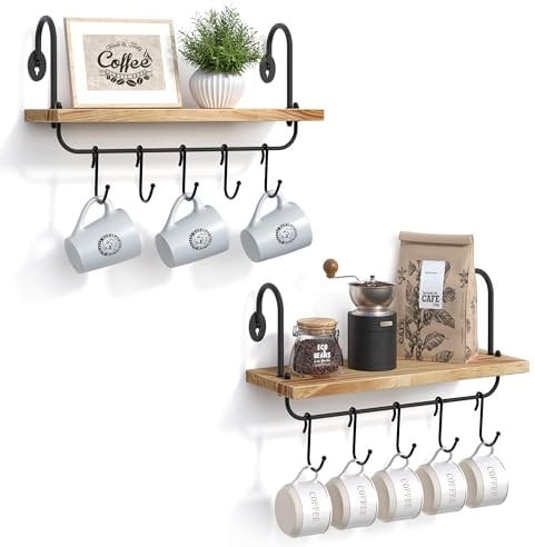 VINCOURNA 2-set Mug Holder Shelves,Kitchen Shelf with 10 Adjustable Mug Holders,Kitchen Shelves Wall Mounted Mug Organiser Coffee Station Organizer for Cooking Utensils,towels & Cups-Carbonized Black