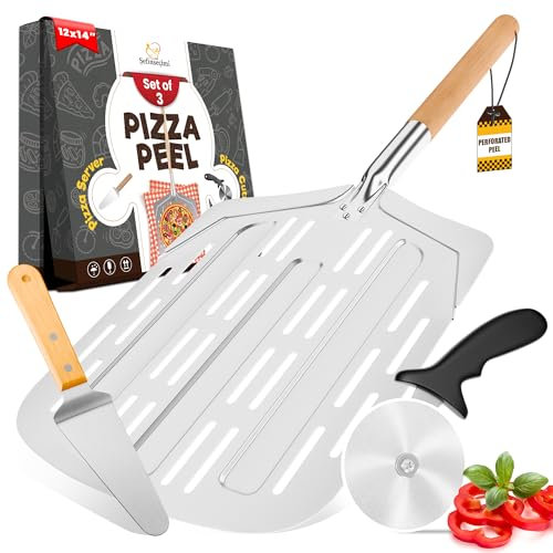 Sefinsecimi Perforated Pizza Peel Set – 12x14 Inch Aluminum Pizza Peel, Pizza Cutter, Wood Handle Cheese Peel – Complete Pizza Tool Kit for Effortless Baking, Slicing & Serving – Ideal for Pizzerias