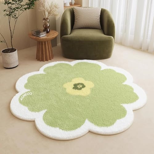 AIMECO Weicher Kuscheliger Kinderteppich Weicher Rund Carpet Wohnzimmer Teppichen Mädchen Schlafzimmer Kinderzimmer Waschbarer Pflegeleicht Teppiche Motiv Rund 160cm Grüne Blumen