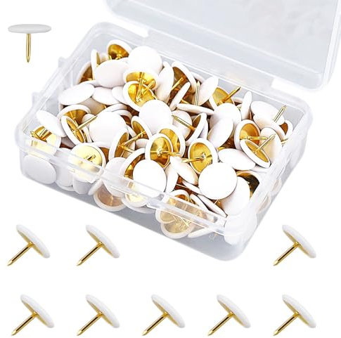 150 Stück Weiße Reißzwecken – Weiße Flache Pinnnadeln – Runde Pinnnadeln mit Goldener Stahlspitze – 10 x 10mm Kunststoffummanteltes Metall Reißnägel für Korktafeln, Fotowände & Karten