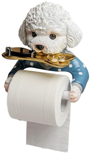 Toilet Roll Holder Cute Teddy Dog Shape Drill-Free Toilet Paper Holder with Shelf Wall Mounted Waterproof Corrosion-Resistant Paper Roll for Bathroom